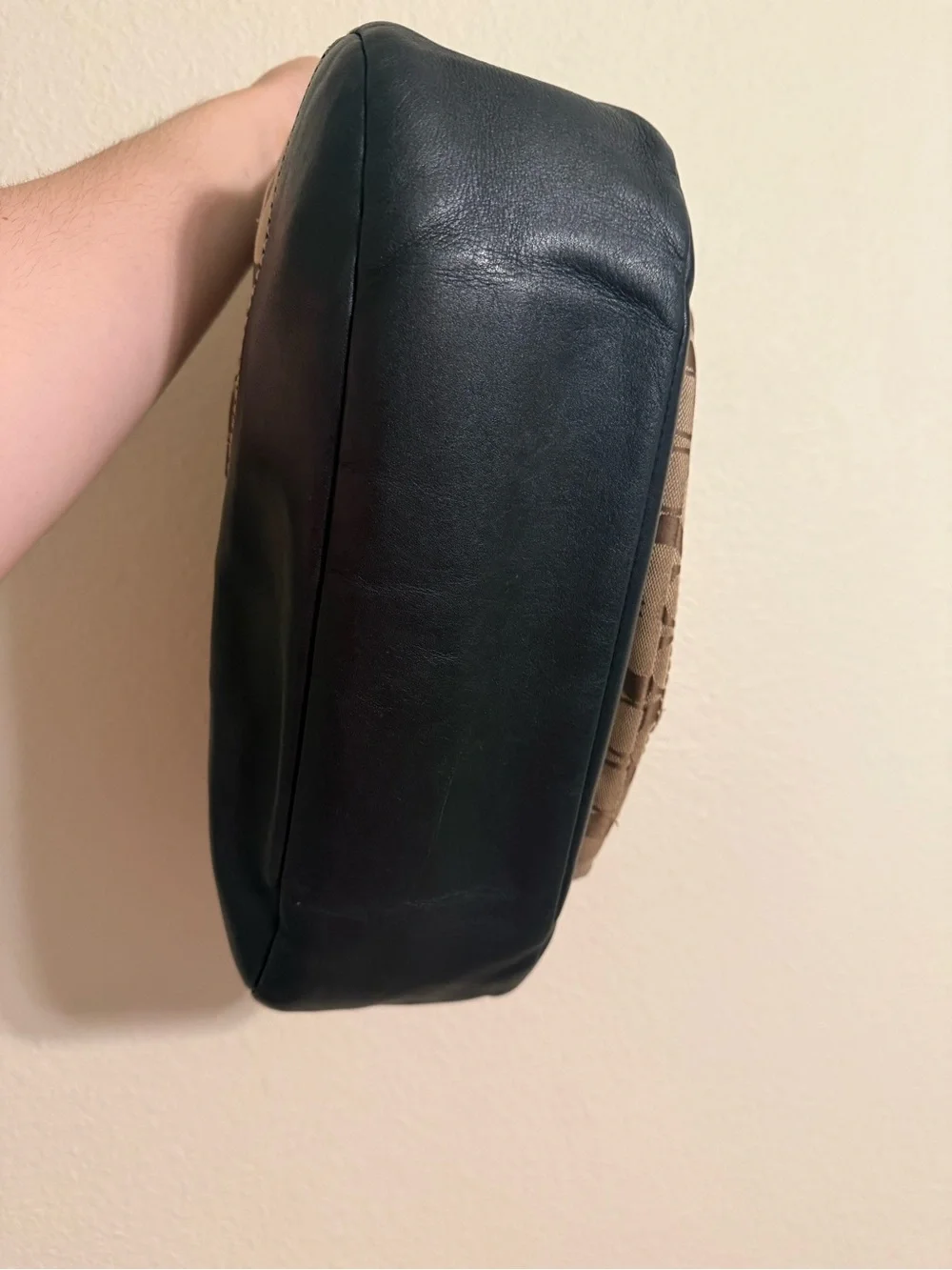 Coach Tan Signature Canvas Shoulder Bag with Black Trim